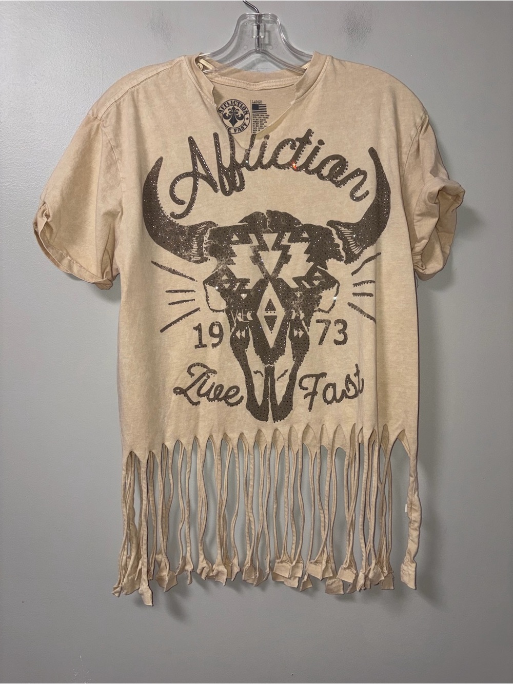 Affliction Sequin Phoenix Fringe T-Shirt Boho Festival Women’s L - Picture 2 of 4